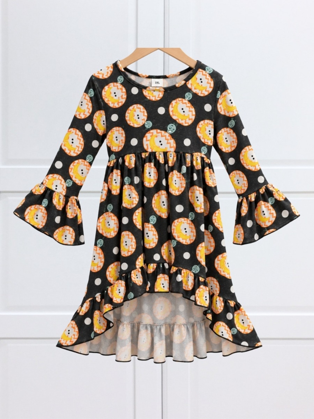 Plus Size 3XL Halloween Pumpkin Dress Bell Sleeve Hi Low Ruffle Black Orange
